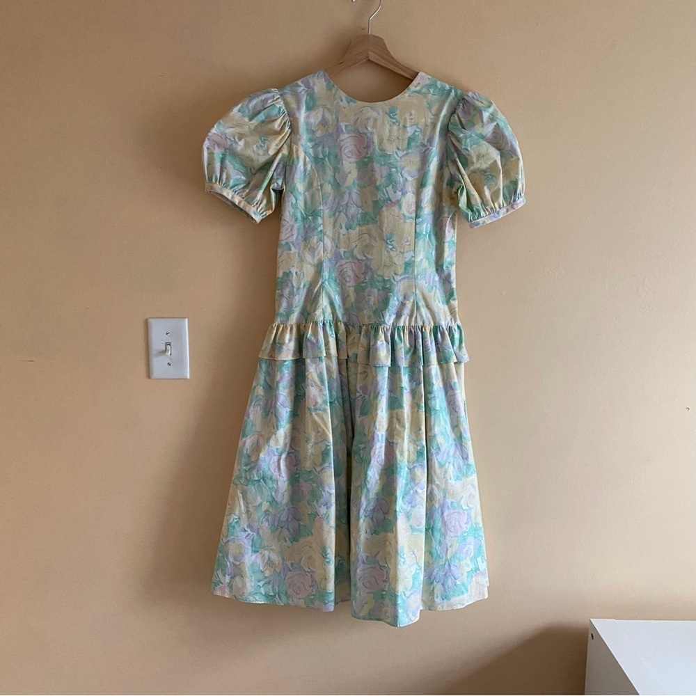 Vintage Manhattan Girl XL 80s Floral Drop Waist Back Bow Puff Short Sleeve Retro - Picture 3 of 17